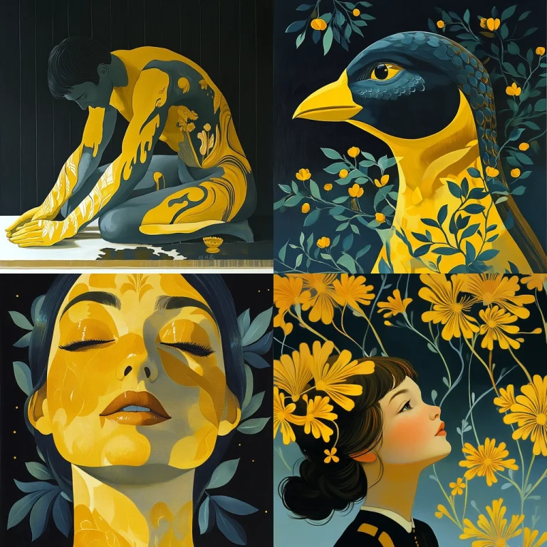 High Contrast Yellow and Blue Figurative Realism - Midjourney style sref code