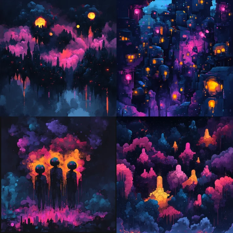 Vivid Neon Nocturnal Skyline - Midjourney style sref code