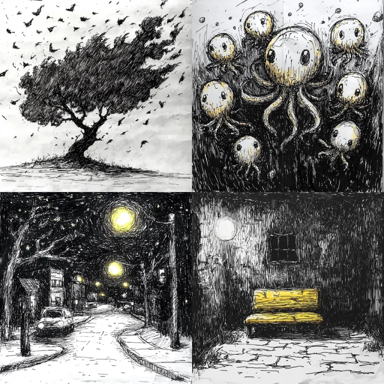 Monochrome Illuminated Ink Sketch - Midjourney style sref code