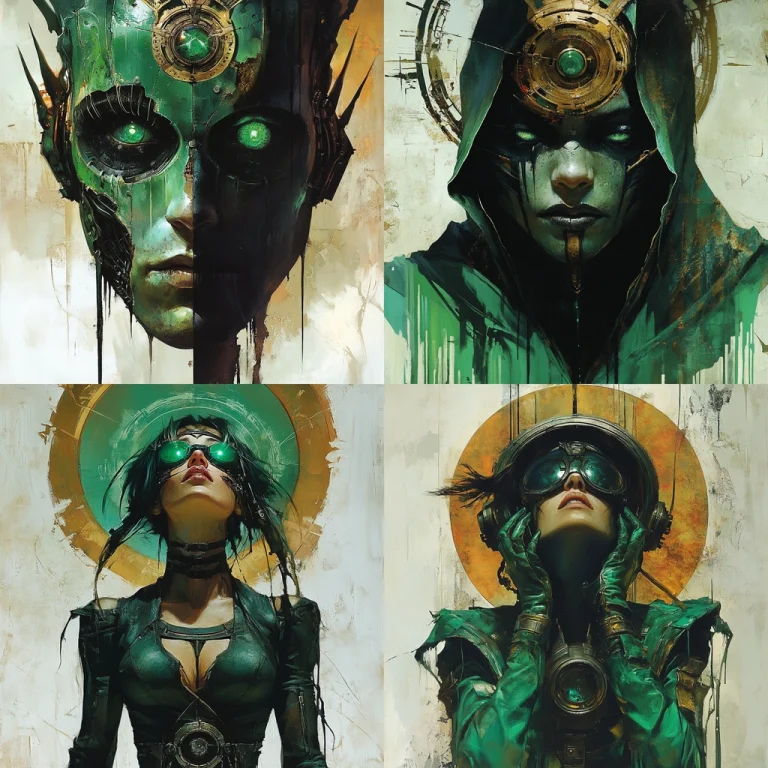 Green-Hued Grunge with Halos - Midjourney style sref code