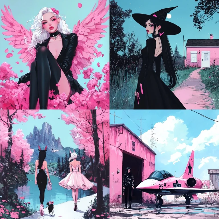 Pink-Accented Contrasting Illustrations - Midjourney style sref code