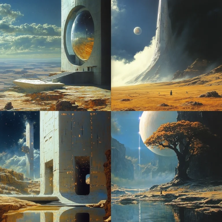 Surreal Landscape with Futuristic Structures - Midjourney style sref code