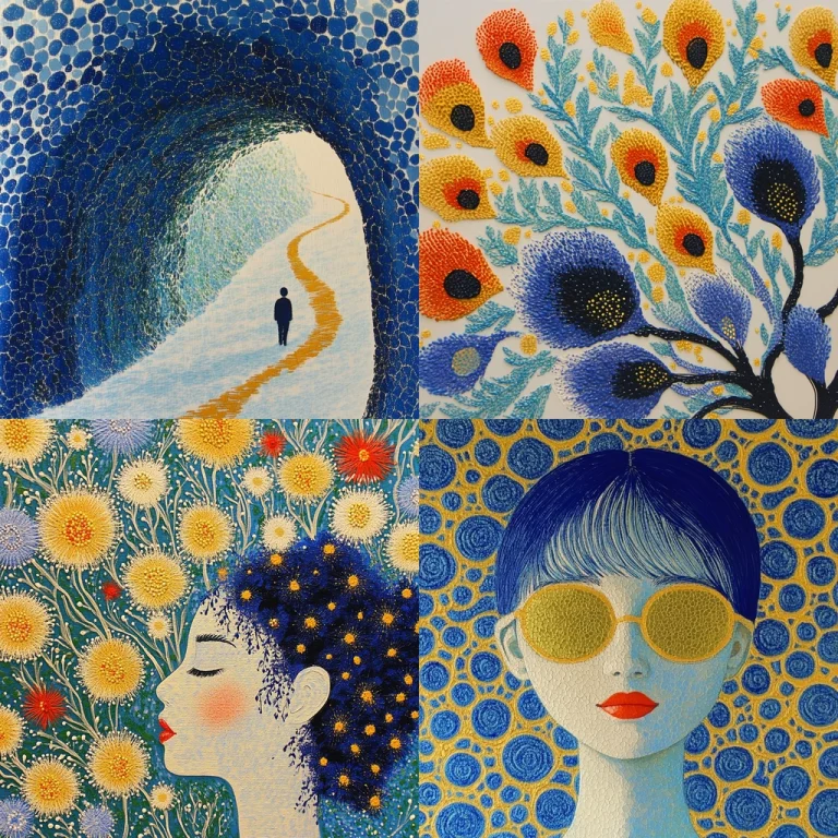 Pointillist Blue and Yellow Patterns - Midjourney style sref code